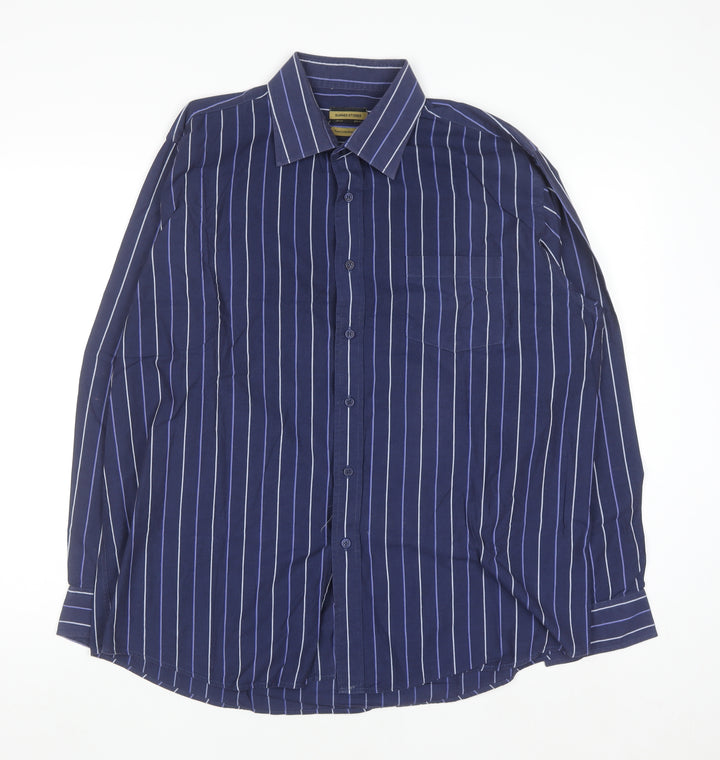 Dunnes Stores Men's Blue Striped Long Sleeve Cotton Button-Up Shirt 17in