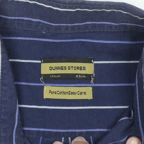 Dunnes Stores Men's Blue Striped Long Sleeve Cotton Button-Up Shirt 17in