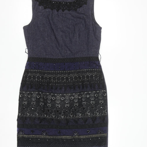 Derhy Women Blue Beaded Lace Sheath Dress Size L