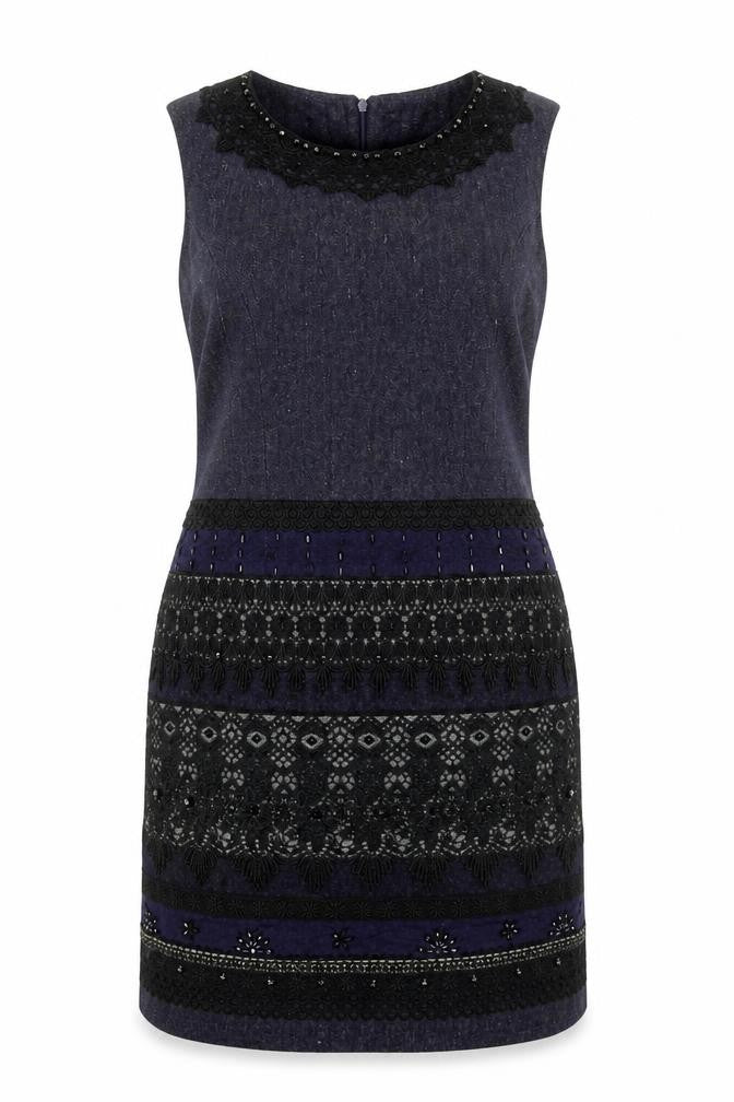 Derhy Women Blue Beaded Lace Sheath Dress Size L