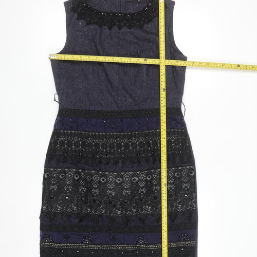 Derhy Women Blue Beaded Lace Sheath Dress Size L