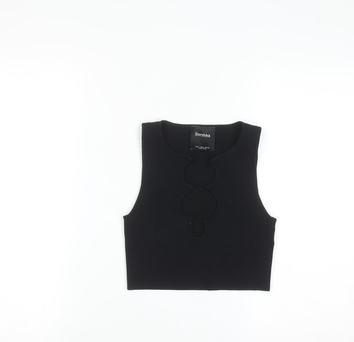 Bershka Women Black Cropped Tank Top S Slim Fit Summer Knit