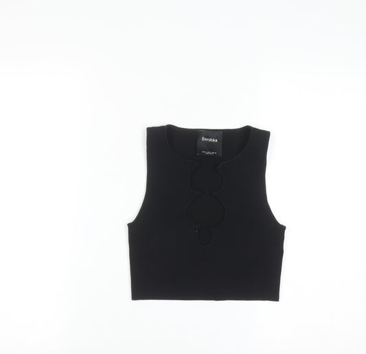 Bershka Women Black Cropped Tank Top S Slim Fit Summer Knit