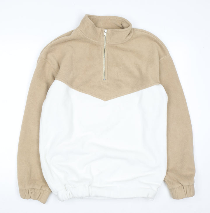 PrettyLittleThing Women Beige & White Fleece 1/4 Zip Pullover Sweatshirt L