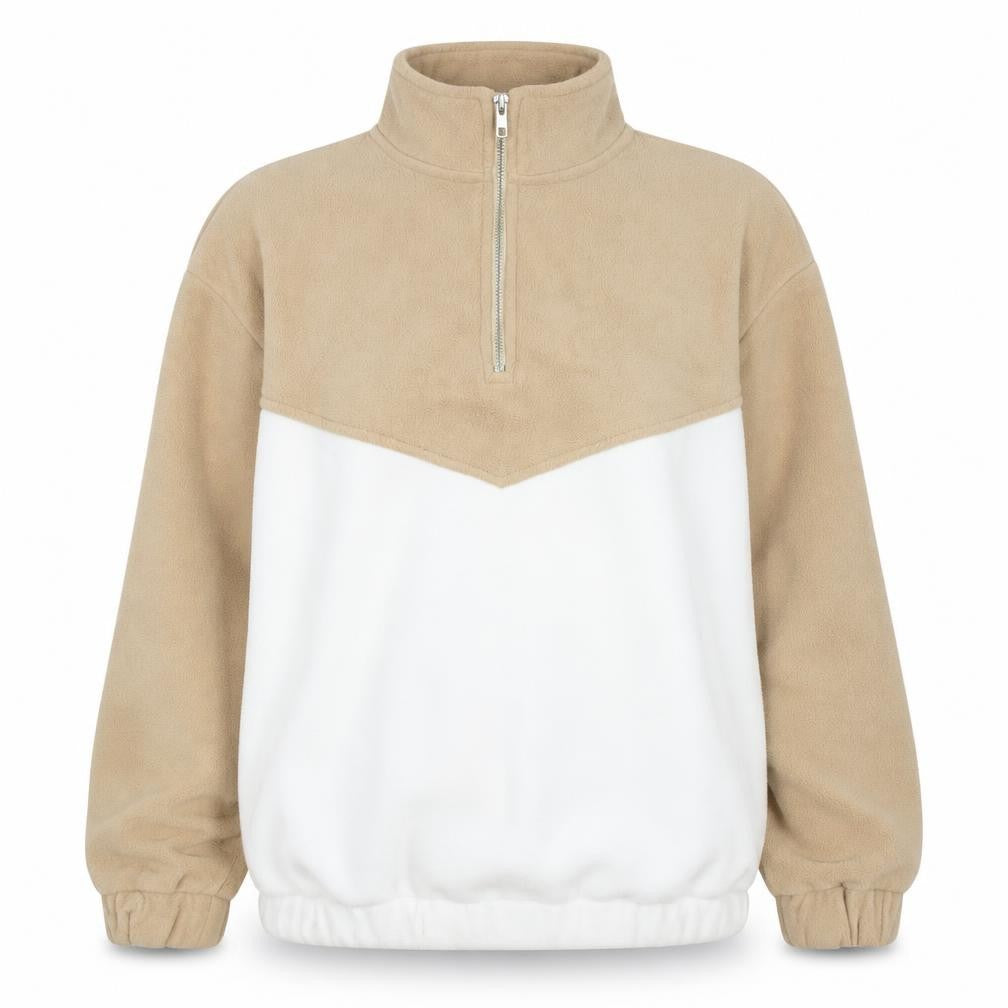Front view of PRETTYLITTLETHING Women Beige & White Fleece 1/4 Zip Pullover Sweatshirt L