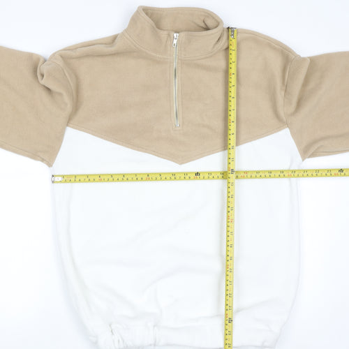 PrettyLittleThing Women Beige & White Fleece 1/4 Zip Pullover Sweatshirt L