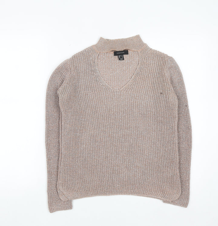 Atmosphere Women Beige Metallic V-Neck Knit Jumper Size 10