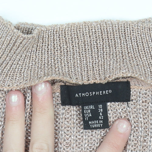 Atmosphere Women Beige Metallic V-Neck Knit Jumper Size 10