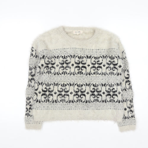 New Look Women Ivory Fair Isle Fluffy Knit Jumper Size 12