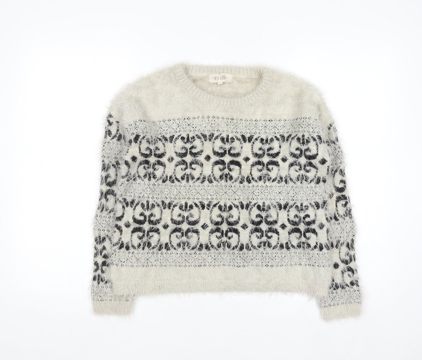 New Look Women Ivory Fair Isle Fluffy Knit Jumper Size 12