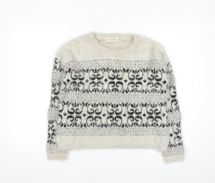 New Look Women Ivory Fair Isle Fluffy Knit Jumper Size 12