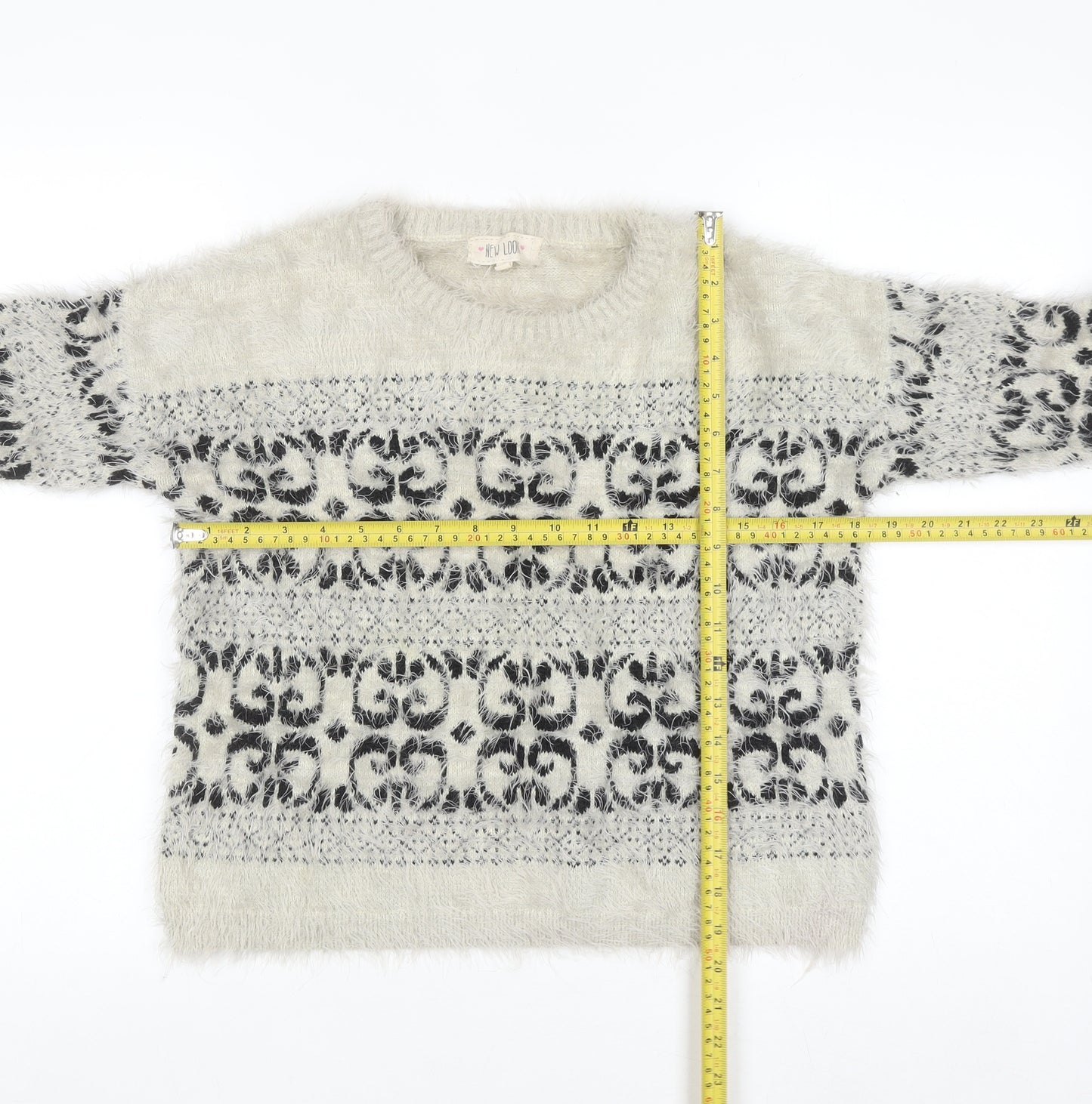 New Look Women Ivory Fair Isle Fluffy Knit Jumper Size 12