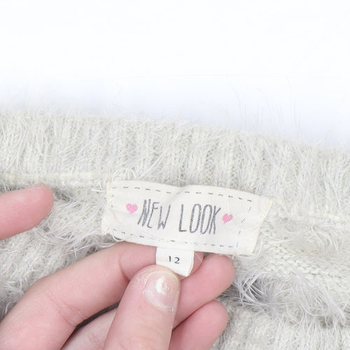 New Look Women Ivory Fair Isle Fluffy Knit Jumper Size 12