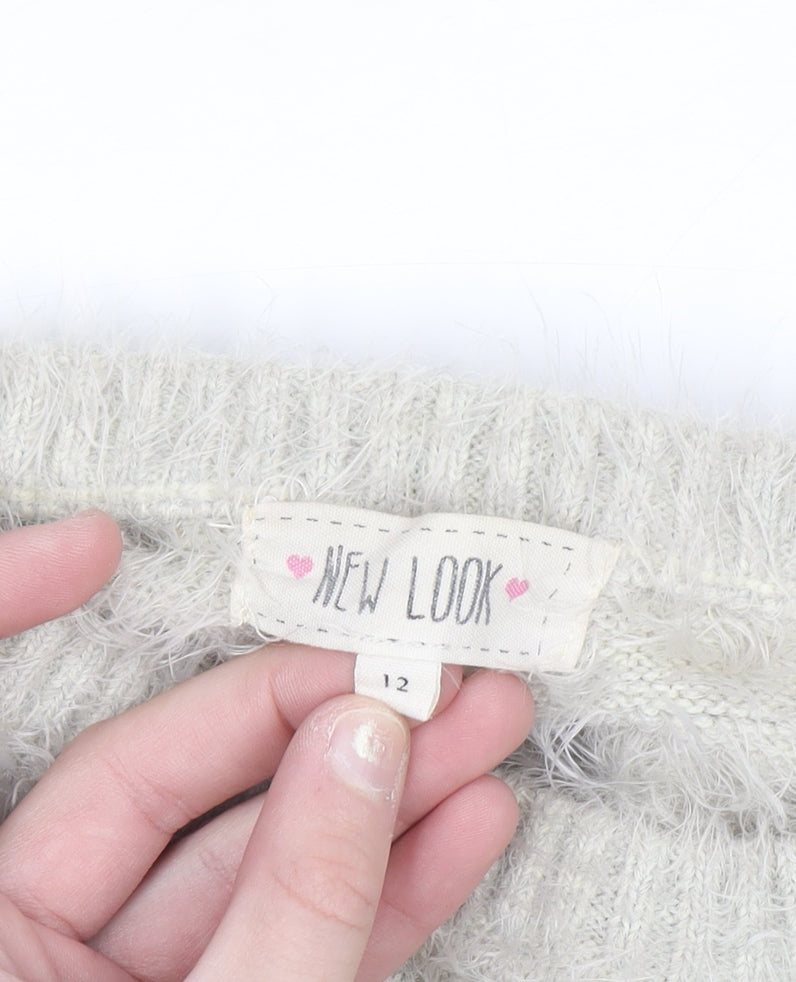 New Look Women Ivory Fair Isle Fluffy Knit Jumper Size 12