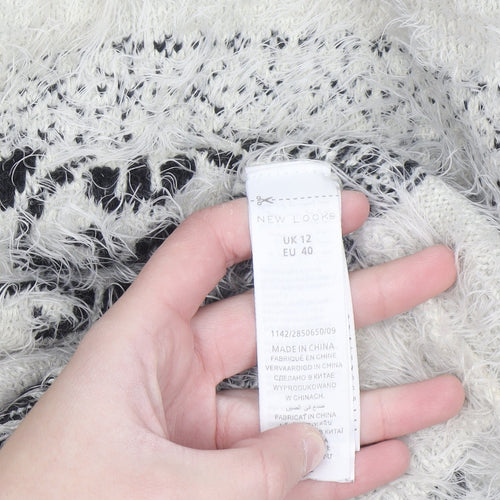 New Look Women Ivory Fair Isle Fluffy Knit Jumper Size 12