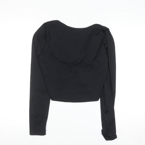 Bershka Women Black Cropped Long Sleeve Scoop Neck Top Size 14
