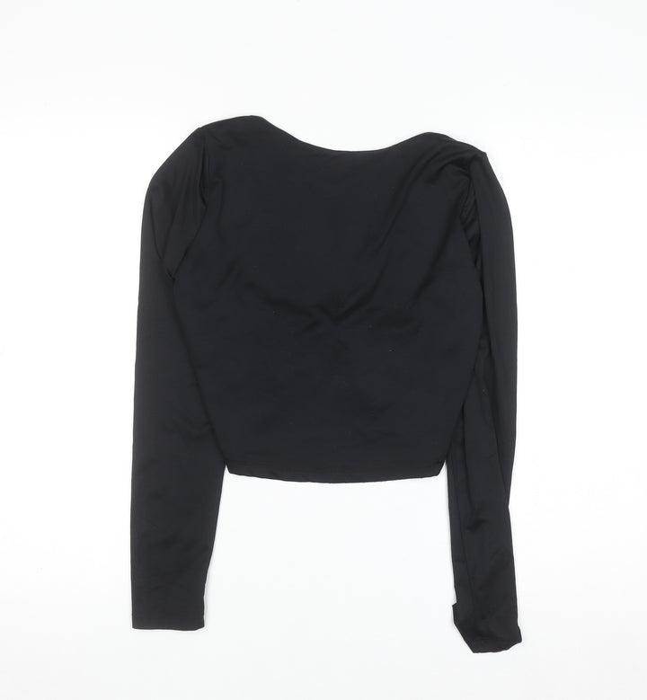 Bershka Women Black Cropped Long Sleeve Scoop Neck Top Size 14