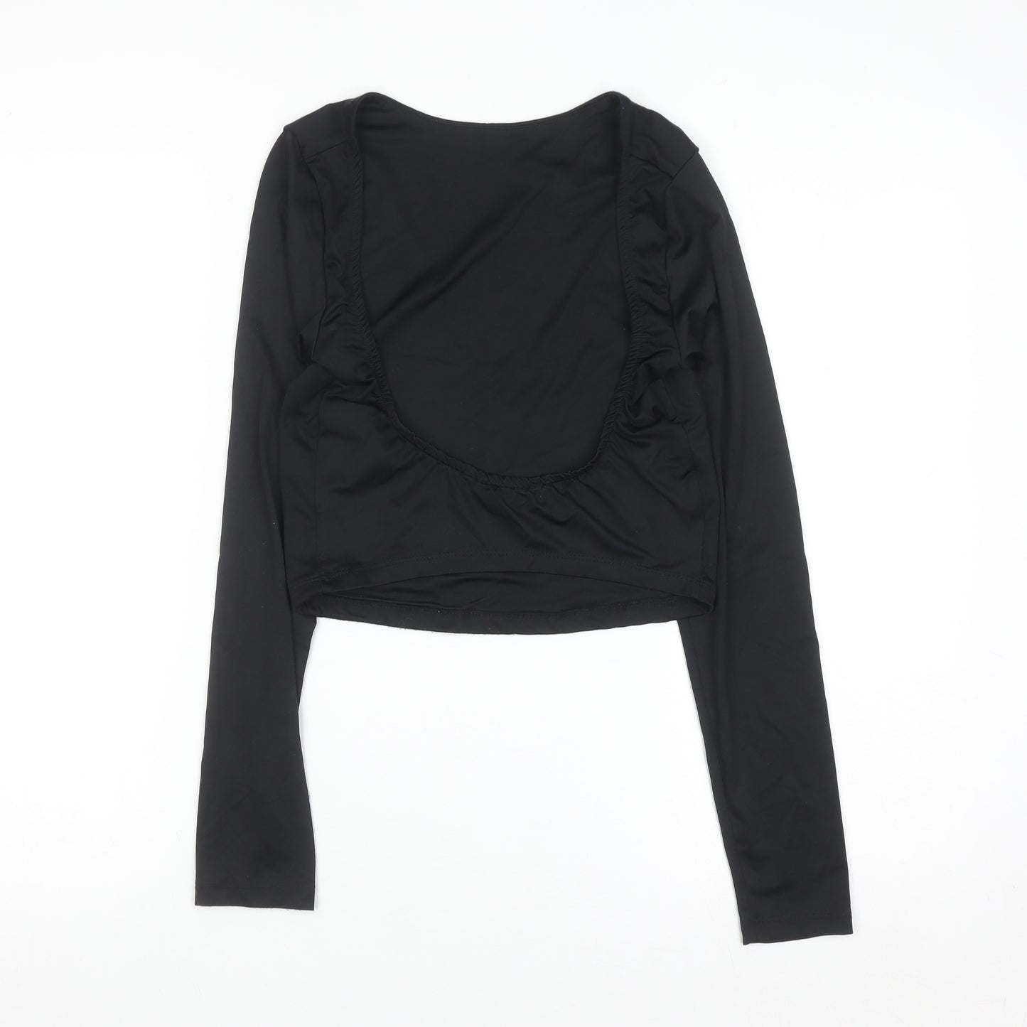 Bershka Women Black Cropped Long Sleeve Scoop Neck Top Size 14