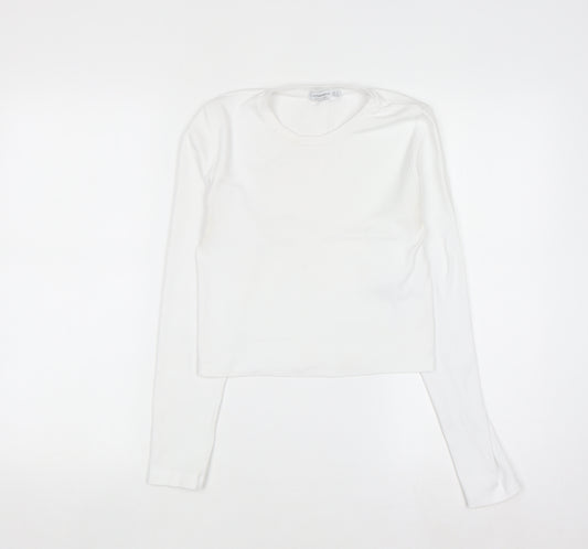 Stradivarius Women White Long Sleeve Basic Cotton T-Shirt Size 10