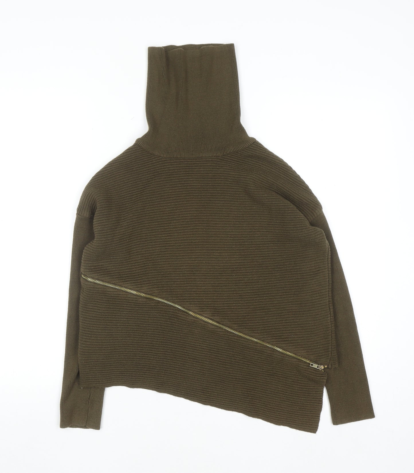 River Island Women Brown Roll Neck Asymmetric Zip Jumper Size 8