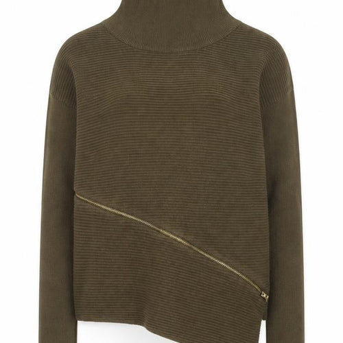 River Island Women Brown Roll Neck Asymmetric Zip Jumper Size 8