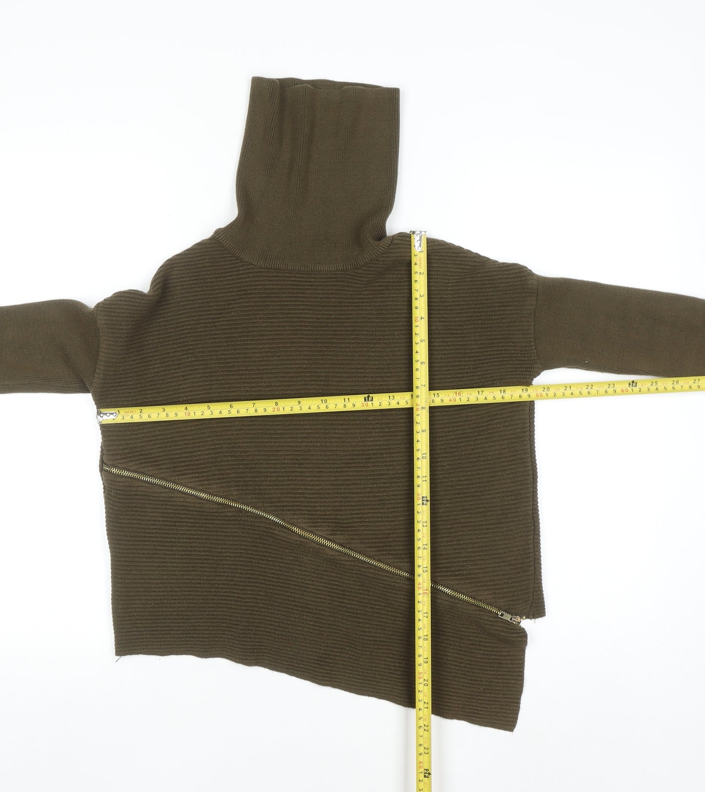 River Island Women Brown Roll Neck Asymmetric Zip Jumper Size 8