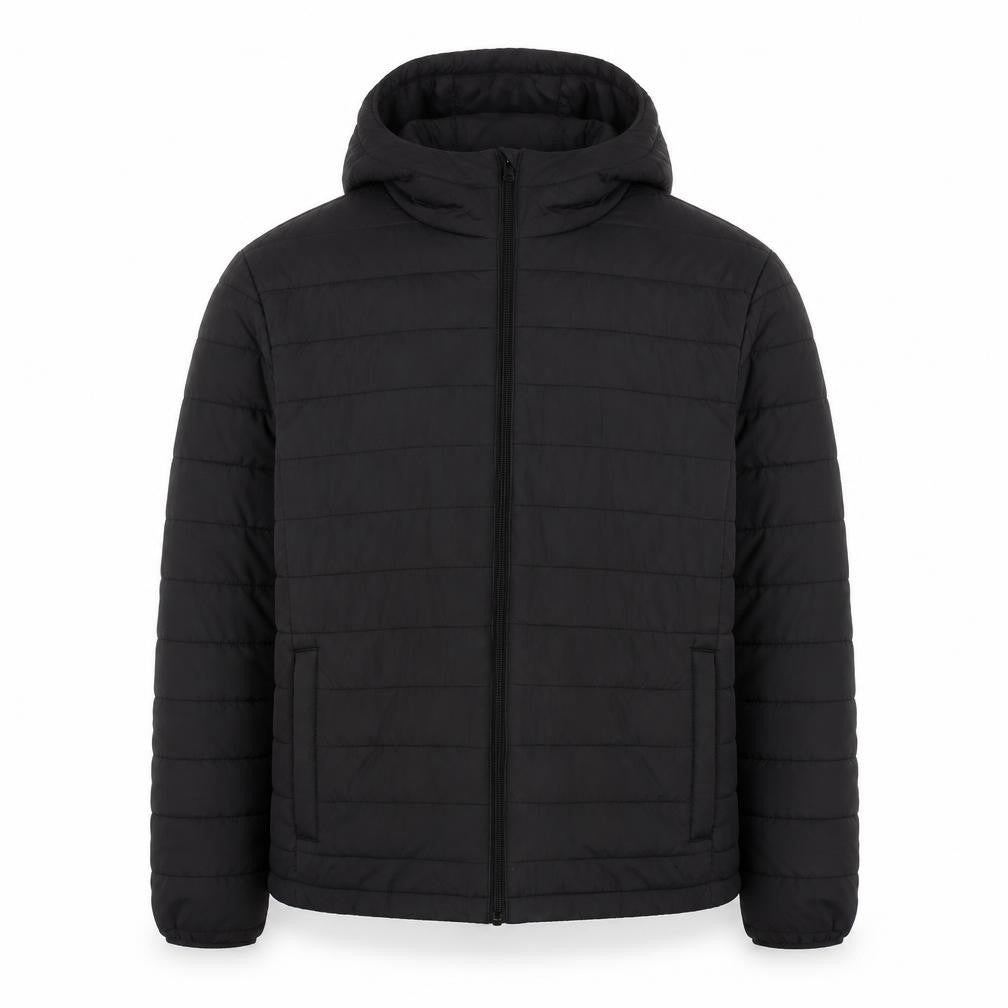 Front view of JJ Rebel Men's Black Hooded Puffer Jacket, size L, Regular Fit