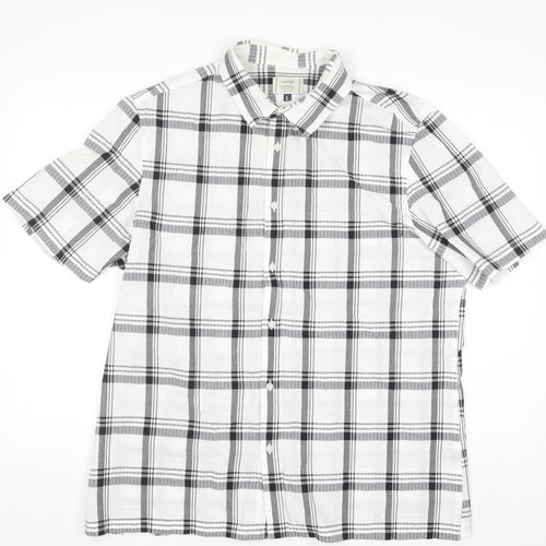 George Men's White Black Check Short Sleeve Cotton Blend Shirt Size L