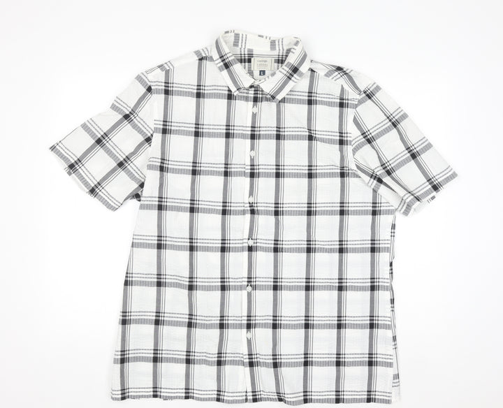 George Men's White Black Check Short Sleeve Cotton Blend Shirt Size L