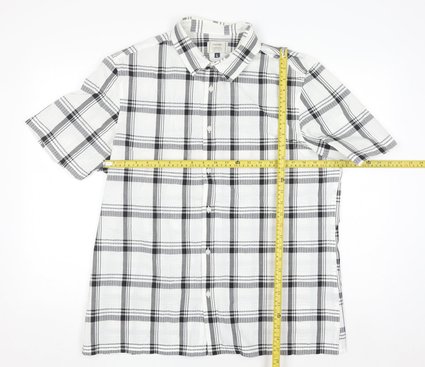 George Men's White Black Check Short Sleeve Cotton Blend Shirt Size L