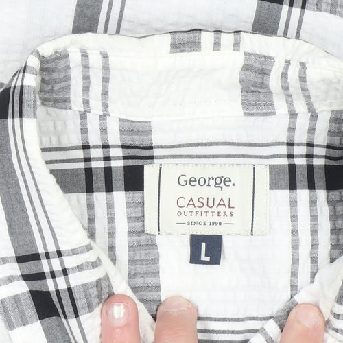 George Men's White Black Check Short Sleeve Cotton Blend Shirt Size L