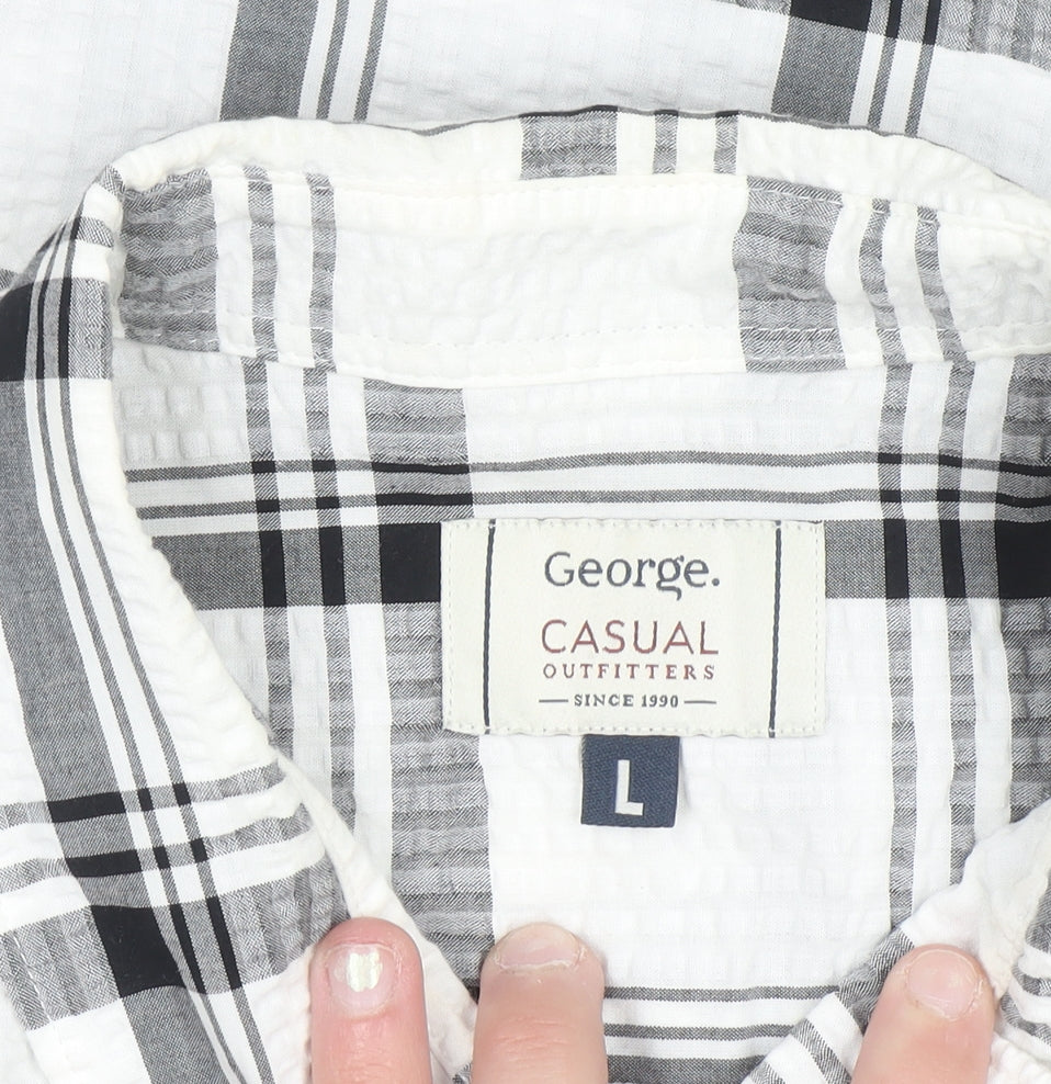 George Men's White Black Check Short Sleeve Cotton Blend Shirt Size L