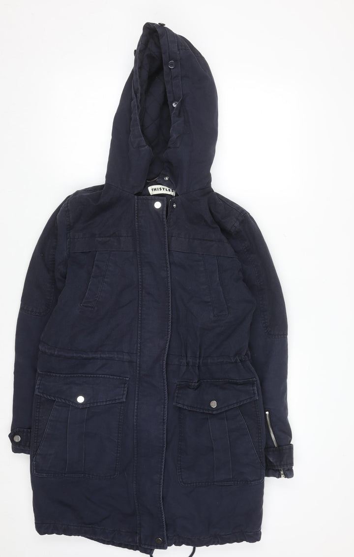 Whistles Women's Blue Hooded Parka Coat Size 6 Cotton Twill