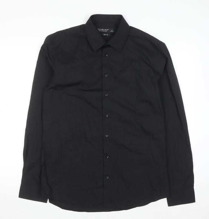 Primark Men's Black Slim Fit Long Sleeve Button-Up Shirt Size L 16in