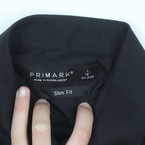Primark Men's Black Slim Fit Long Sleeve Button-Up Shirt Size L 16in