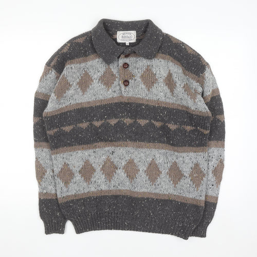 Men's Republic Men's Grey Wool Blend Argyle Henley Jumper Size S