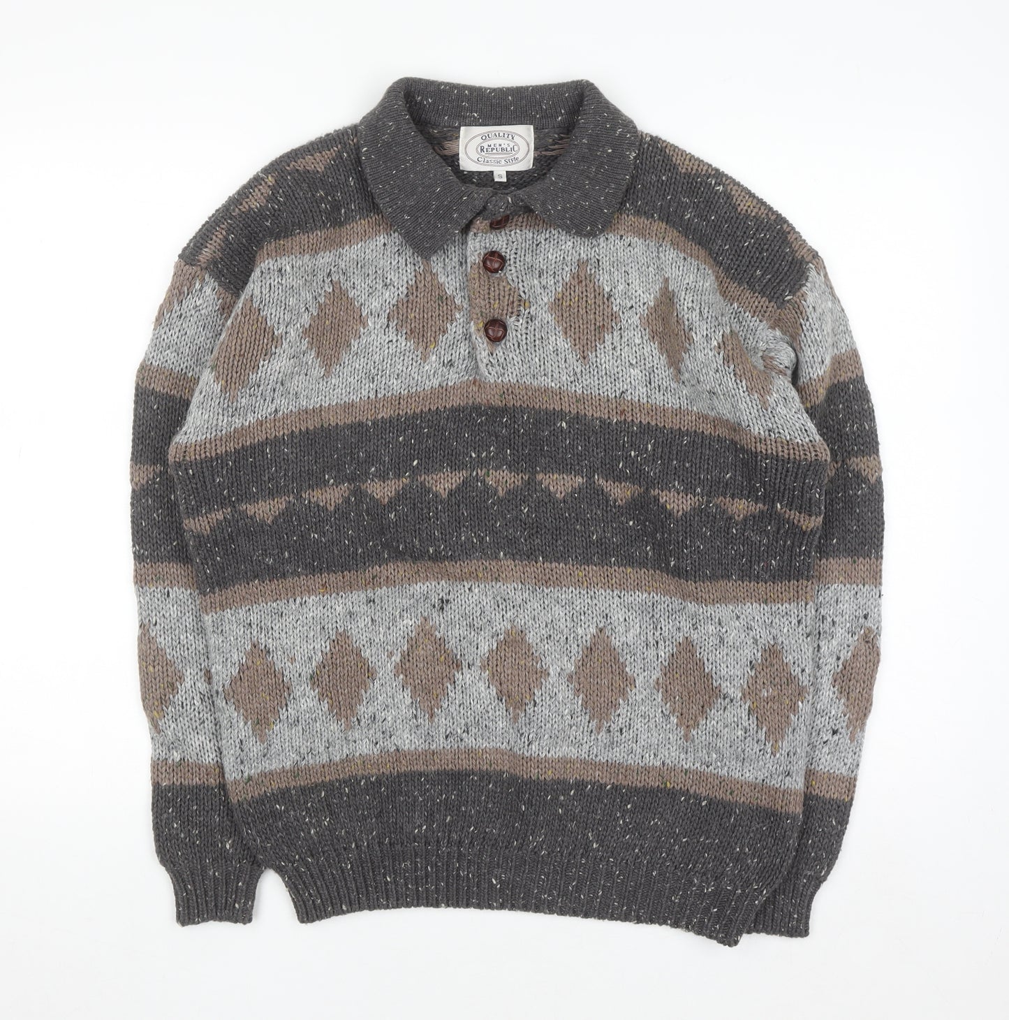 Men's Republic Men's Grey Wool Blend Argyle Henley Jumper Size S