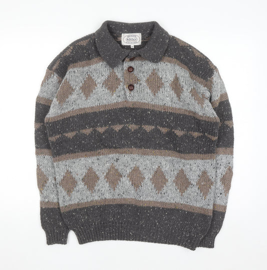 Men's Republic Men's Grey Wool Blend Argyle Henley Jumper Size S