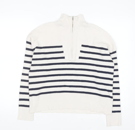 Brave Soul Men's White Striped Half Zip High Neck Jumper Size L
