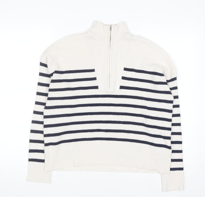 Brave Soul Men's White Striped Half Zip High Neck Jumper Size L