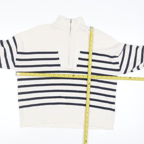 Brave Soul Men's White Striped Half Zip High Neck Jumper Size L
