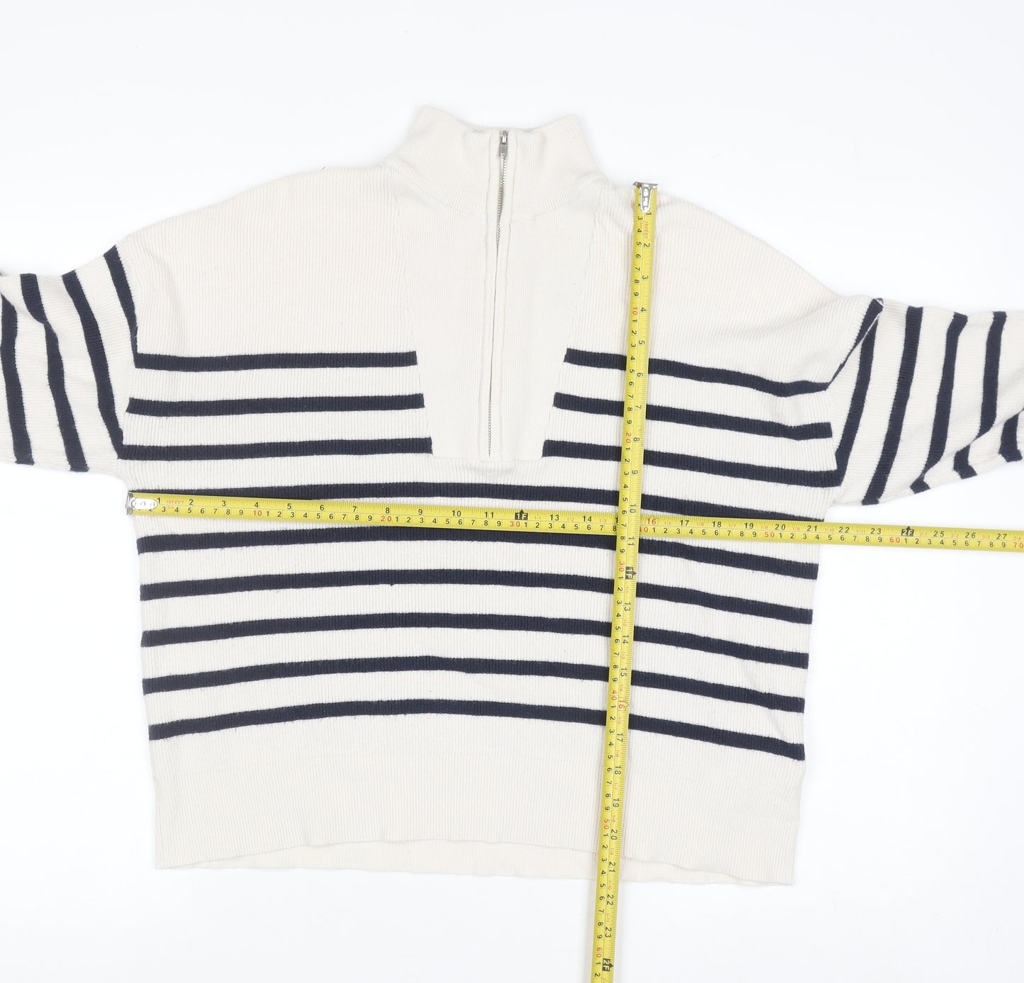 Brave Soul Men's White Striped Half Zip High Neck Jumper Size L