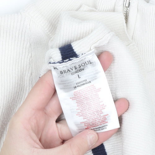 Brave Soul Men's White Striped Half Zip High Neck Jumper Size L