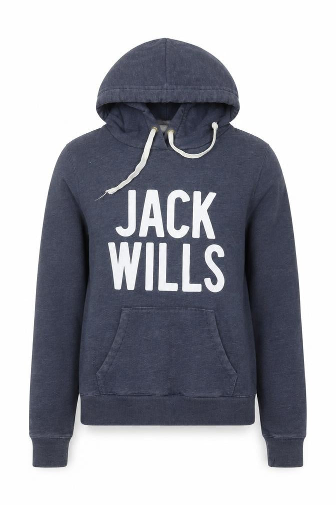 Front view of Jack Wills Women Navy Blue Pullover Hoodie, size 14, Cotton Blend