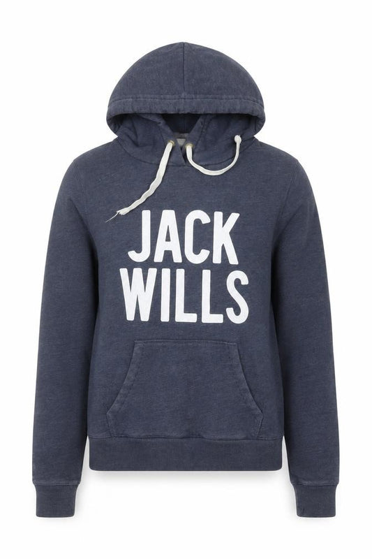 Front view of Jack Wills Women Navy Blue Pullover Hoodie, size 14, Cotton Blend