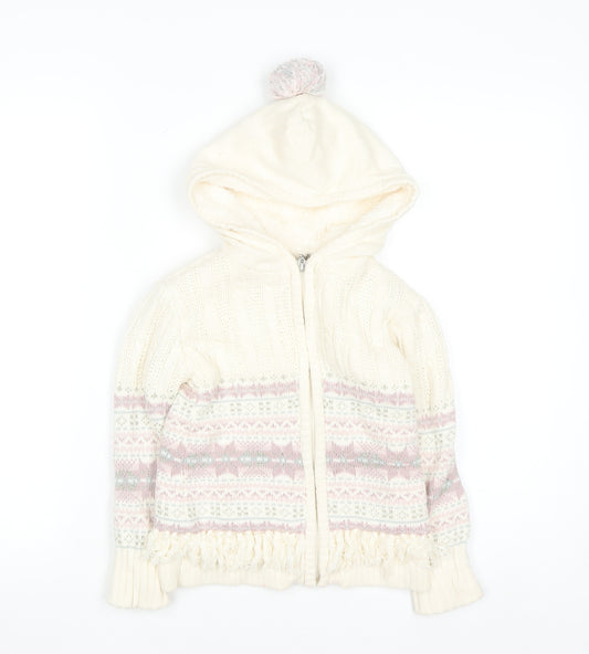 Nula Bug Girls Ivory Fair Isle Hooded Knit Jacket 3-4 Years Lined Zip Up