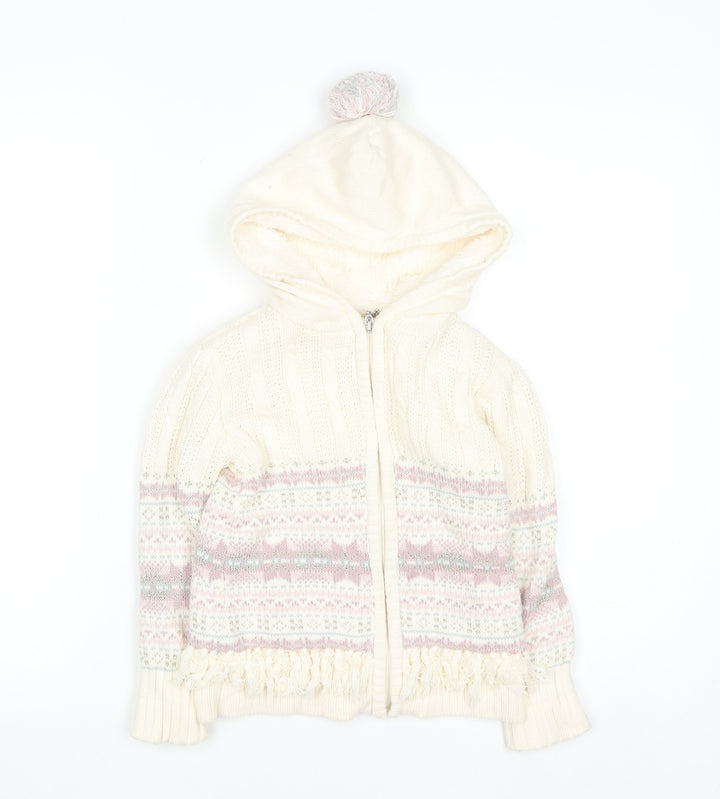Nula Bug Girls Ivory Fair Isle Hooded Knit Jacket 3-4 Years Lined Zip Up