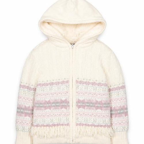 Nula Bug Girls Ivory Fair Isle Hooded Knit Jacket 3-4 Years Lined Zip Up