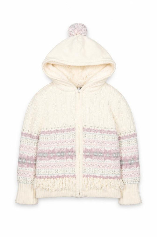 Nula Bug Girls Ivory Fair Isle Hooded Knit Jacket 3-4 Years Lined Zip Up