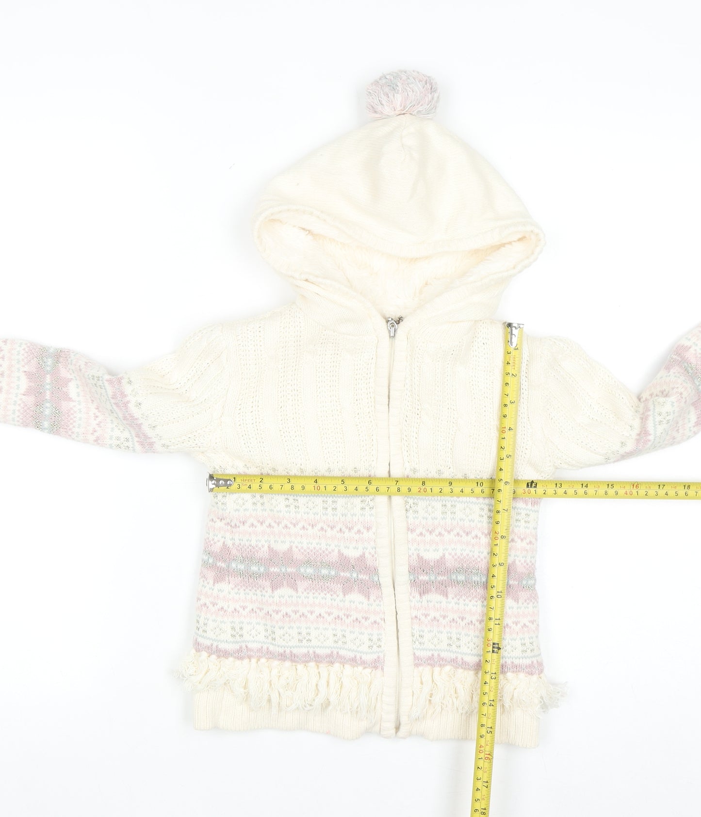 Nula Bug Girls Ivory Fair Isle Hooded Knit Jacket 3-4 Years Lined Zip Up